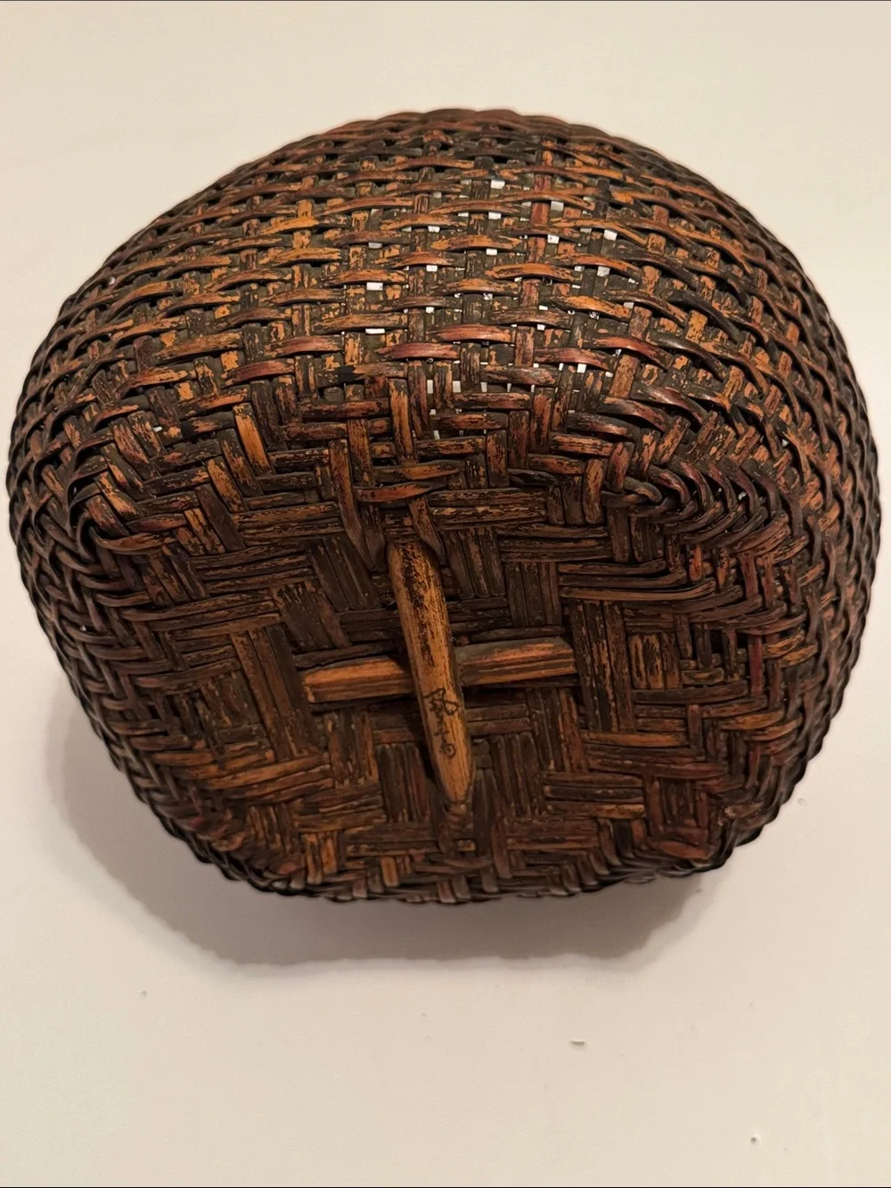 Vintage Japanese Handwoven Brown Wicker Basket with Handle